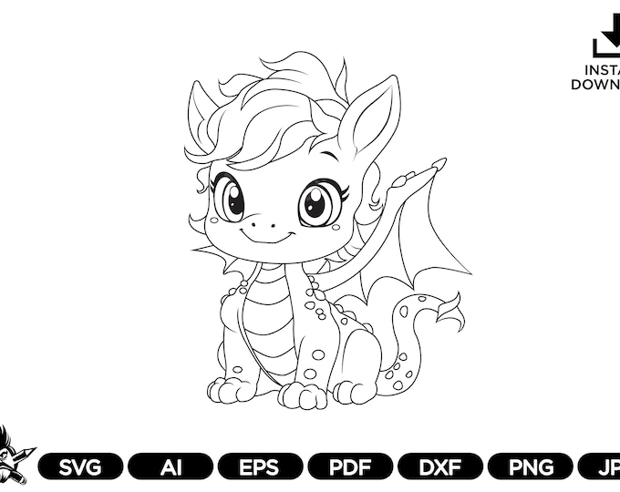 60 Cute Baby Dragon Svg & PNG Files, Fantasy Dragon Outline Clipart ...