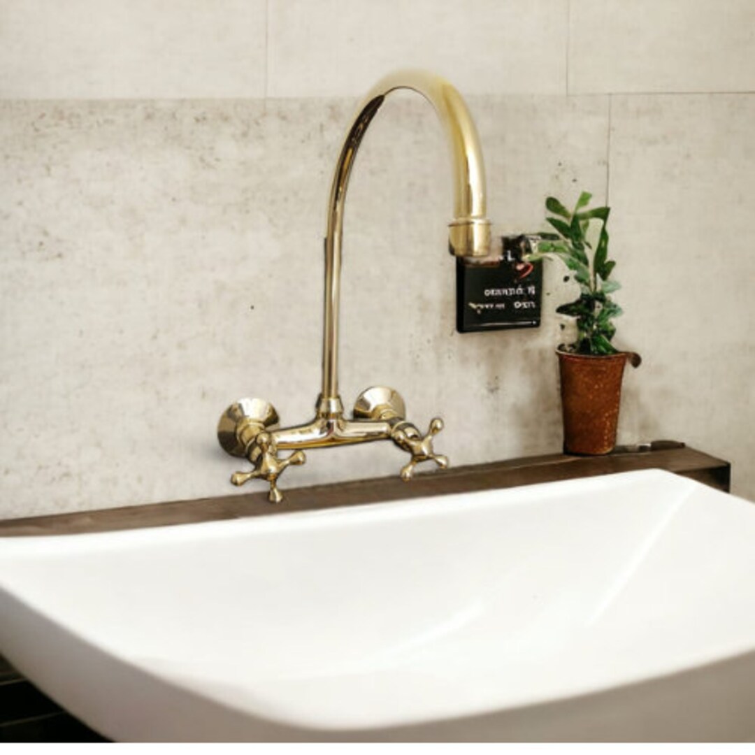 Solid Brass Wall Mount Kitchen Faucet Cross Handles Gooseneck - Etsy