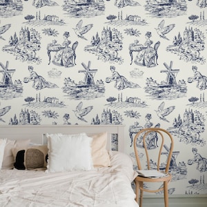 Carta da parati vintage vittoriana Toile de Jouy, motivo di vita di campagna disegnato a mano, stampa cineseria blu, elegante decorazione retrò per murale della camera da letto