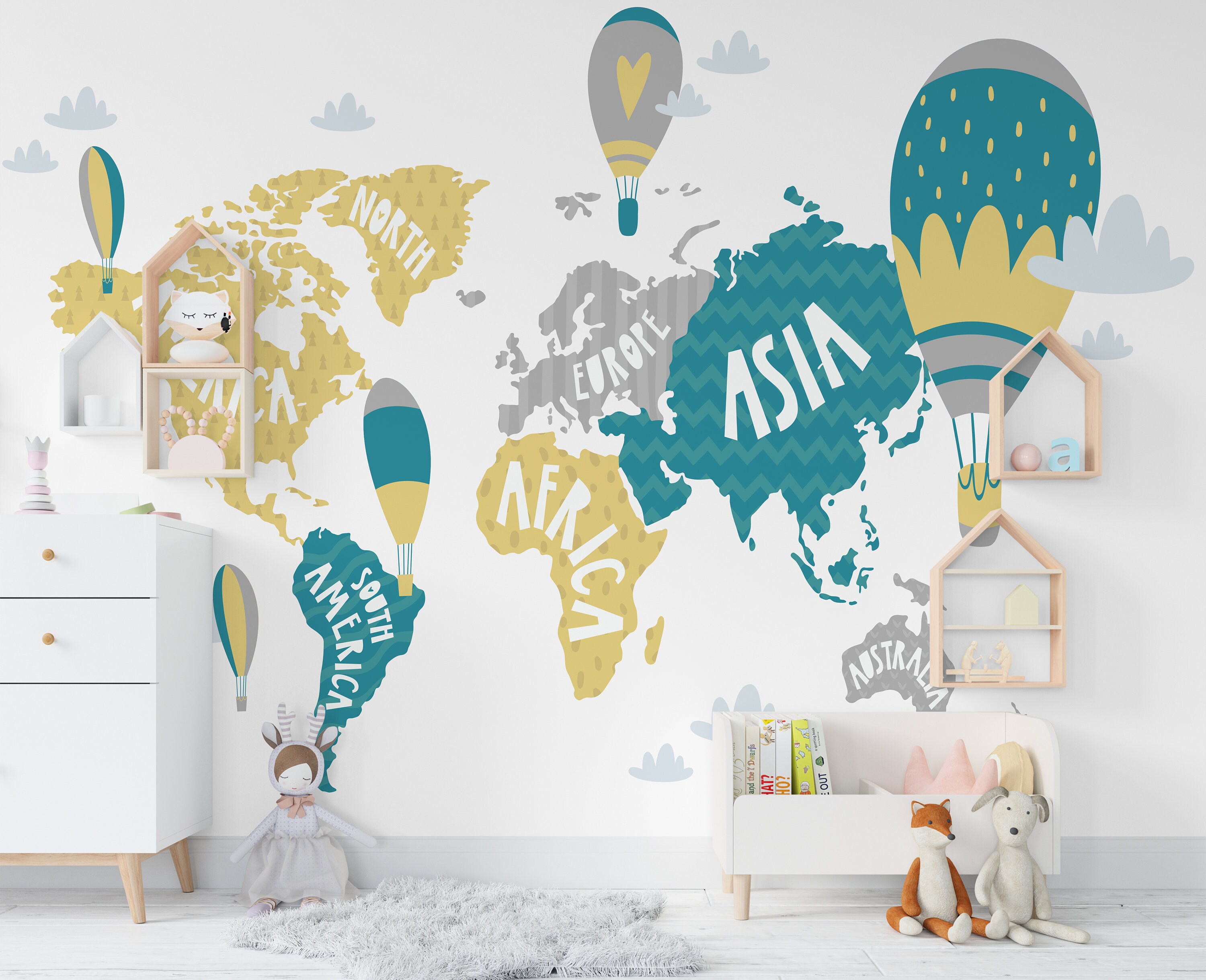 Kids World Map Wallpaper / Educational World Map Wallpaper / Etsy