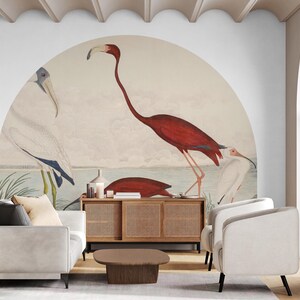 John James Audubon Scarlet Ibis Birds Wall Arch Sticker, Soft Color Tree Scenic Circle Wall Decal, Vintage Animal View Peel and Stick Decal for Classic Home Decor. Perfect for nature-inspired wall art in living rooms, bedrooms, or offices, this elegant decal brings the serene beauty of a rustic forest into your space. Easy to apply and remove, it’s ideal for adding a timeless, countryside charm to any room, creating a cozy and inviting atmosphere with its detailed, vintage-inspired design