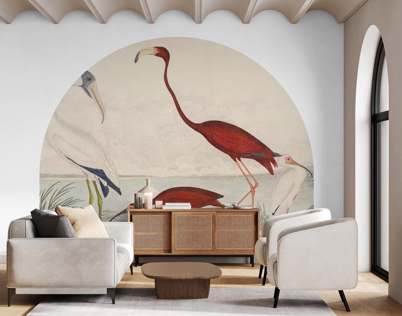John James Audubon Scarlet Ibis Birds Wall Arch Sticker, Soft Color Tree Scenic Circle Wall Decal, Vintage Animal View Peel and Stick Decal for Classic Home Decor. Perfect for nature-inspired wall art in living rooms, bedrooms, or offices, this elegant decal brings the serene beauty of a rustic forest into your space. Easy to apply and remove, it’s ideal for adding a timeless, countryside charm to any room, creating a cozy and inviting atmosphere with its detailed, vintage-inspired design