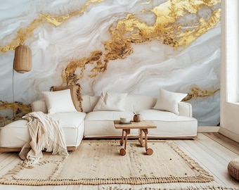 Gold Veins Marble Wallpaper: Elegant Gray, Peel and Stick Mural