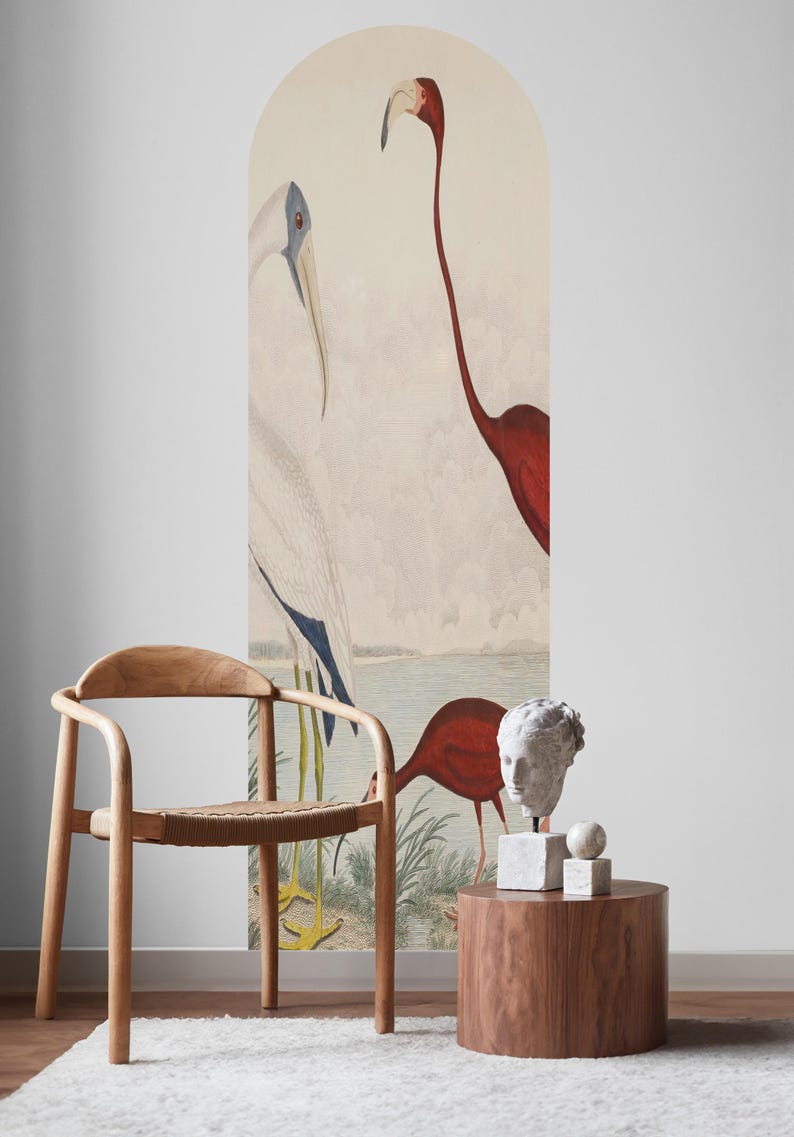 John James Audubon Scarlet Ibis Birds Wall Arch Sticker, Soft Color Tree Scenic Circle Wall Decal, Vintage Animal View Peel and Stick Decal for Classic Home Decor. Perfect for nature-inspired wall art in living rooms, bedrooms, or offices, this elegant decal brings the serene beauty of a rustic forest into your space. Easy to apply and remove, it’s ideal for adding a timeless, countryside charm to any room, creating a cozy and inviting atmosphere with its detailed, vintage-inspired design