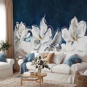Watercolor Floral Wallpaper: White Flowers on Navy Blue, Peel and Stick Wall Mural