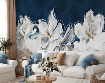 White Magnolia Wall Mural, Navy Blue Watercolor Peel and Stick Wallpaper