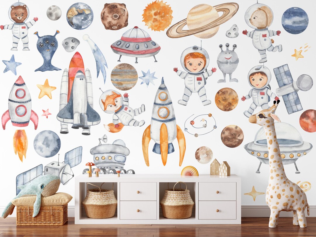 Kids Space and Rocket Wall Decal: Nursery Planets, Astronaut and Alien ...