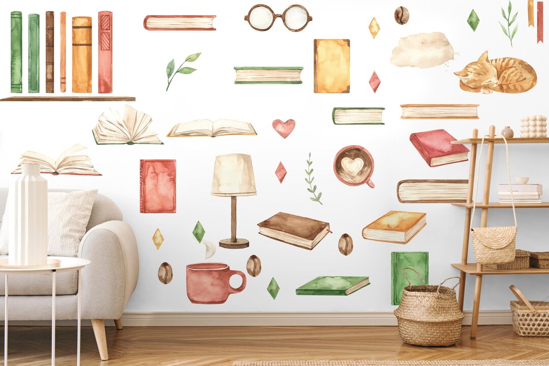 Kids Library Wall Decals, Nursery Colorful Books and Coffee Wall ...