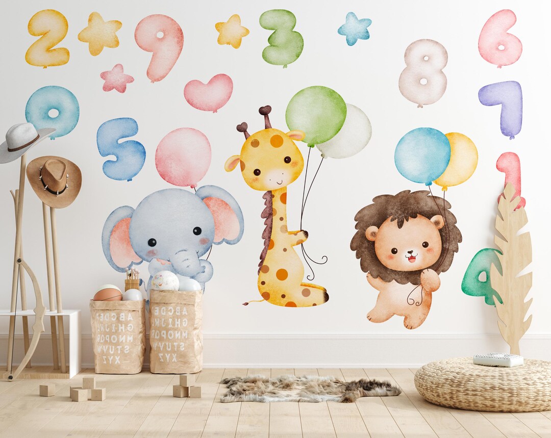 Numbers Balloon Kids Wall Decal, Removable Animal Nursery Wall Sticker ...