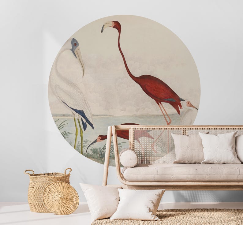 John James Audubon Scarlet Ibis Birds Wall Arch Sticker, Soft Color Tree Scenic Circle Wall Decal, Vintage Animal View Peel and Stick Decal for Classic Home Decor. Perfect for nature-inspired wall art in living rooms, bedrooms, or offices, this elegant decal brings the serene beauty of a rustic forest into your space. Easy to apply and remove, it’s ideal for adding a timeless, countryside charm to any room, creating a cozy and inviting atmosphere with its detailed, vintage-inspired design