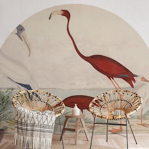 John James Audubon Scarlet Ibis Birds Wall Arch Sticker, Soft Color Tree Scenic Circle Wall Decal, Vintage Animal View Peel and Stick Decal for Classic Home Decor. Perfect for nature-inspired wall art in living rooms, bedrooms, or offices, this elegant decal brings the serene beauty of a rustic forest into your space. Easy to apply and remove, it’s ideal for adding a timeless, countryside charm to any room, creating a cozy and inviting atmosphere with its detailed, vintage-inspired design