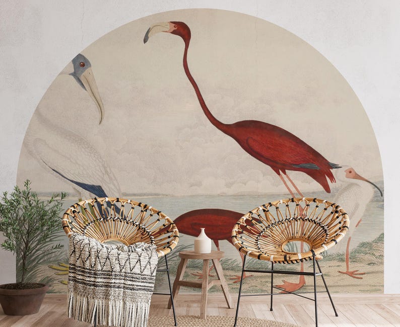 John James Audubon Scarlet Ibis Birds Wall Arch Sticker, Soft Color Tree Scenic Circle Wall Decal, Vintage Animal View Peel and Stick Decal for Classic Home Decor. Perfect for nature-inspired wall art in living rooms, bedrooms, or offices, this elegant decal brings the serene beauty of a rustic forest into your space. Easy to apply and remove, it’s ideal for adding a timeless, countryside charm to any room, creating a cozy and inviting atmosphere with its detailed, vintage-inspired design