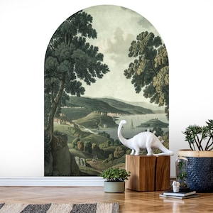Green Village Malerischer Vintage Bogen Wandaufkleber, Malerischer Seeblick Schälen und Aufkleben Wandaufkleber, Vintage Wald selbstklebendes Kreis Wandtattoo