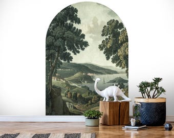 Green Village Scenic Vintage Arch Wall Decal, Scenic Lake View Peel and Stick Wall Sticker, Vintage Forest Self-Adhesive Circle Wall Decal