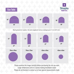 May include: Size chart for wall art panels in the shape of half circles. The chart shows different sizes in inches and centimetres. The chart also includes the text "Wordt geleverd als 2 panelen. Het wordt aangebracht met een overlapping van 1,5 cm (0,59 inch)."
