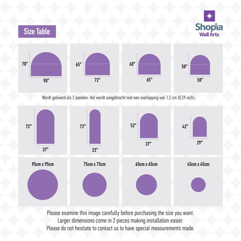 May include: Size chart for wall art panels in the shape of half circles. The chart shows different sizes in inches and centimetres. The chart also includes the text "Wordt geleverd als 2 panelen. Het wordt aangebracht met een overlapping van 1,5 cm (0,59 inch)."