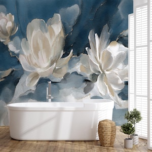 Watercolor Abstract Floral Wallpaper – White Flowers on Navy Blue Background – Modern Botanical Mural – Elegant Oil Paint Floral Design – Peel and Stick Removable Self-Adhesive Wall Mural – Perfect for Home, Office, or Bedroom Décor – High-Quality, Durable, and Easy-to-Apply Wallpaper – Adds a Touch of Sophistication and Artistry to Any Room – Ideal for Creating a Stylish, Timeless Atmosphere – Removable Self-Adhesive Mural for Effortless Home Décor Updates removable wallpaper art design