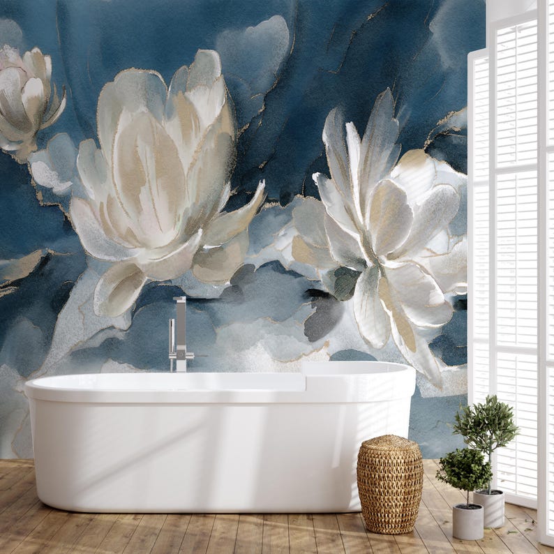 Watercolor Abstract Floral Wallpaper – White Flowers on Navy Blue Background – Modern Botanical Mural – Elegant Oil Paint Floral Design – Peel and Stick Removable Self-Adhesive Wall Mural – Perfect for Home, Office, or Bedroom Décor – High-Quality, Durable, and Easy-to-Apply Wallpaper – Adds a Touch of Sophistication and Artistry to Any Room – Ideal for Creating a Stylish, Timeless Atmosphere – Removable Self-Adhesive Mural for Effortless Home Décor Updates removable wallpaper art design