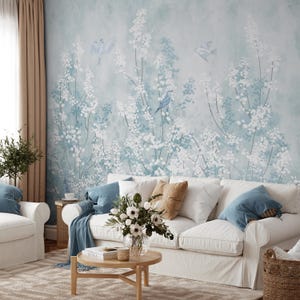 ニュートラルソフトブルーシノワズリ壁紙、剥がして貼るだけの中国の鳥と花の花の壁画、取り外し可能な粘着性のある木のデザインの壁画