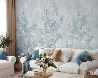 Blue Chinoiserie Wall Mural, Birds and Blossoms Peel and Stick Wallpaper