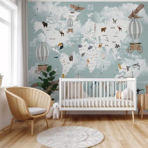 Kinder Weltkarte Tapete, selbstklebendes Wandbild, schälen und aufkleben niedliches Tier Kinderzimmer Wandbild, Kinderzimmer abnehmbare Tierkarte Tapete