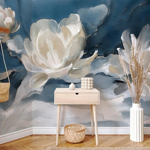 Watercolor Abstract Floral Wallpaper – White Flowers on Navy Blue Background – Modern Botanical Mural – Elegant Oil Paint Floral Design – Peel and Stick Removable Self-Adhesive Wall Mural – Perfect for Home, Office, or Bedroom Décor – High-Quality, Durable, and Easy-to-Apply Wallpaper – Adds a Touch of Sophistication and Artistry to Any Room – Ideal for Creating a Stylish, Timeless Atmosphere – Removable Self-Adhesive Mural for Effortless Home Décor Updates removable wallpaper art design