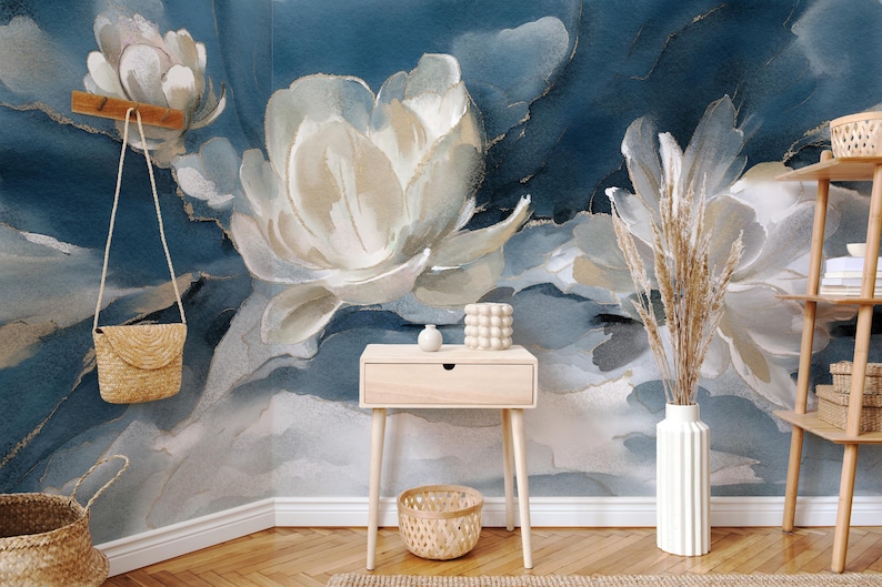 Watercolor Abstract Floral Wallpaper – White Flowers on Navy Blue Background – Modern Botanical Mural – Elegant Oil Paint Floral Design – Peel and Stick Removable Self-Adhesive Wall Mural – Perfect for Home, Office, or Bedroom Décor – High-Quality, Durable, and Easy-to-Apply Wallpaper – Adds a Touch of Sophistication and Artistry to Any Room – Ideal for Creating a Stylish, Timeless Atmosphere – Removable Self-Adhesive Mural for Effortless Home Décor Updates removable wallpaper art design