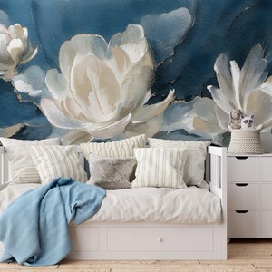 Watercolor Abstract Floral Wallpaper – White Flowers on Navy Blue Background – Modern Botanical Mural – Elegant Oil Paint Floral Design – Peel and Stick Removable Self-Adhesive Wall Mural – Perfect for Home, Office, or Bedroom Décor – High-Quality, Durable, and Easy-to-Apply Wallpaper – Adds a Touch of Sophistication and Artistry to Any Room – Ideal for Creating a Stylish, Timeless Atmosphere – Removable Self-Adhesive Mural for Effortless Home Décor Updates removable wallpaper art design