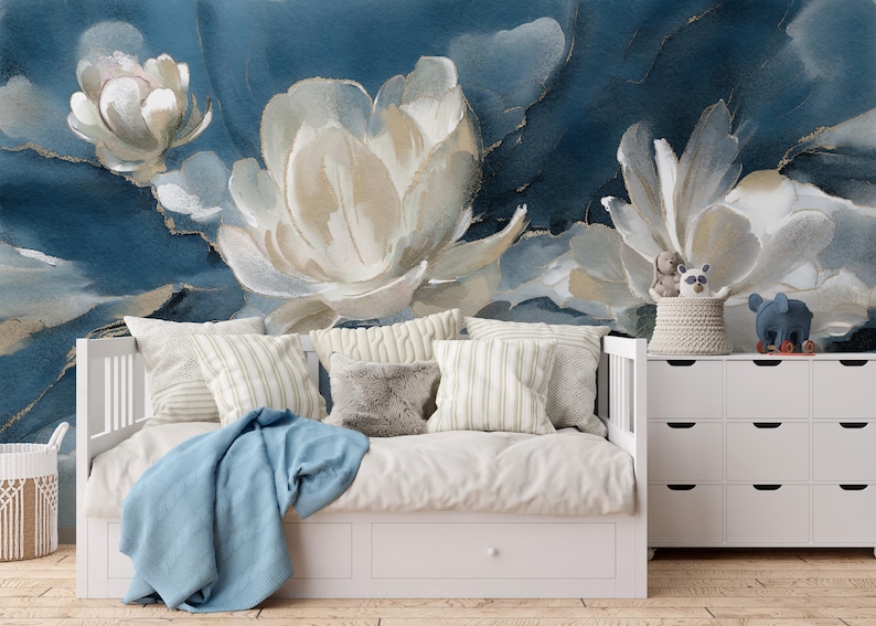 Watercolor Abstract Floral Wallpaper – White Flowers on Navy Blue Background – Modern Botanical Mural – Elegant Oil Paint Floral Design – Peel and Stick Removable Self-Adhesive Wall Mural – Perfect for Home, Office, or Bedroom Décor – High-Quality, Durable, and Easy-to-Apply Wallpaper – Adds a Touch of Sophistication and Artistry to Any Room – Ideal for Creating a Stylish, Timeless Atmosphere – Removable Self-Adhesive Mural for Effortless Home Décor Updates removable wallpaper art design