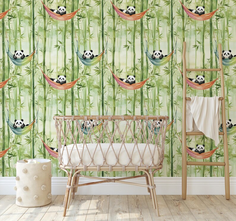 Panda Hammock Bamboo Forest Wallpaper, Nursery Green Jungle Animal Wall ...