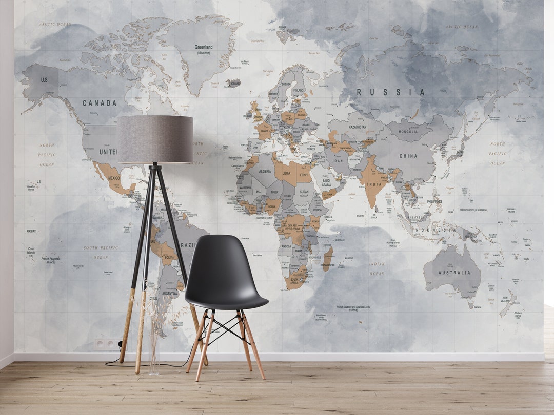 Gray World Map Wallpaper / Customized Large World Map Decal / World Map