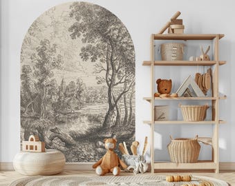 Tree Scenic Wall Decal, Sepia Rustic Arch Vintage Landscape Circle Wall Sticker, Peel and Stick Home Decor, Nature-Inspired Removable Mural