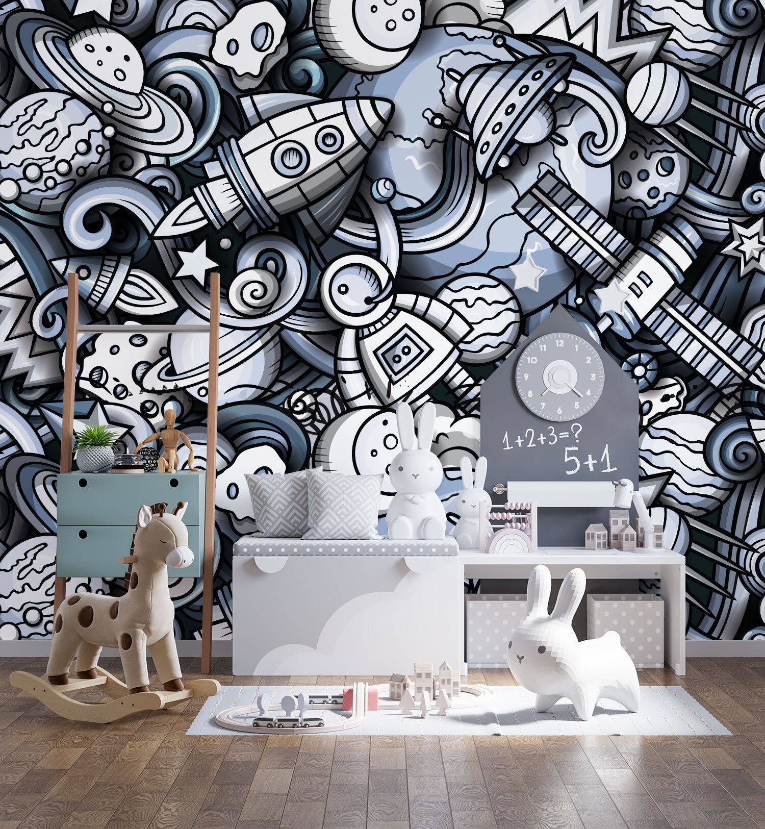 Space Nursery Wallpaper / Kids Planets Wallpaper / Space Ship Wallpaper