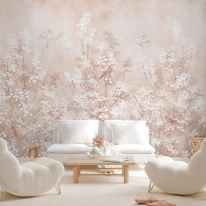 Carta da parati chinoiserie morbida neutra, carta da parati con uccelli cinesi stacca e attacca, murale floreale con fiori rosa chiaro, murale autoadesivo rimovibile