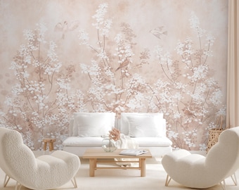 Chinoiserie Wall Mural, Soft Beige Floral Peel and Stick Wallpaper