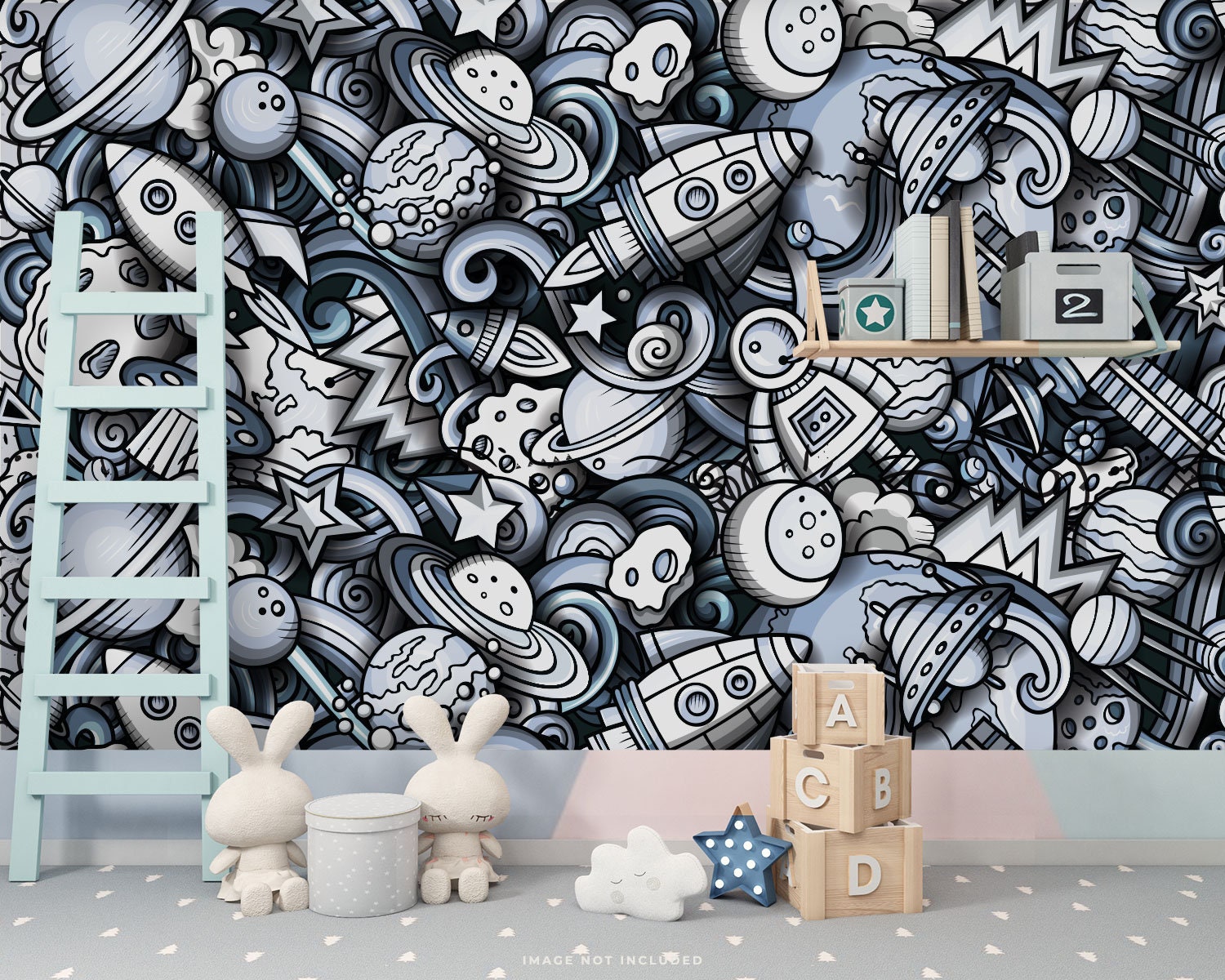 Space Nursery Wallpaper / Kids Planets Wallpaper / Space Ship Wallpaper