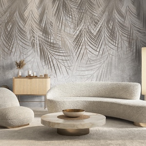 Carta da parati beige con foglie di palma tropicali, design neutro con foglie di palma sospese per camera da letto, murale moderno in cemento botanico