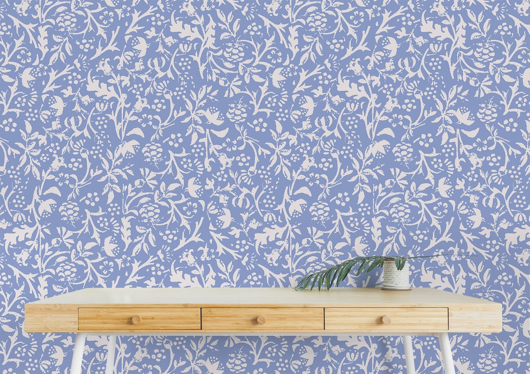 Blue Background Wallpaper / White Leaves Wallpaper / Floral Etsy