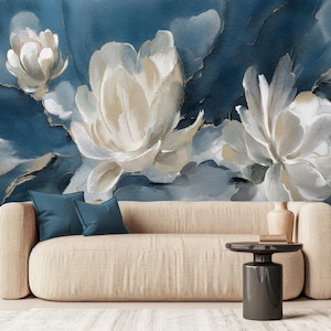 Watercolor Abstract Floral Wallpaper – White Flowers on Navy Blue Background – Modern Botanical Mural – Elegant Oil Paint Floral Design – Peel and Stick Removable Self-Adhesive Wall Mural – Perfect for Home, Office, or Bedroom Décor – High-Quality, Durable, and Easy-to-Apply Wallpaper – Adds a Touch of Sophistication and Artistry to Any Room – Ideal for Creating a Stylish, Timeless Atmosphere – Removable Self-Adhesive Mural for Effortless Home Décor Updates removable wallpaper art design