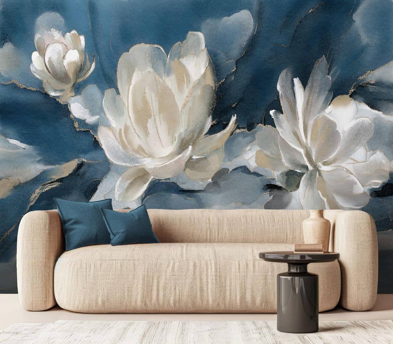 Watercolor Abstract Floral Wallpaper – White Flowers on Navy Blue Background – Modern Botanical Mural – Elegant Oil Paint Floral Design – Peel and Stick Removable Self-Adhesive Wall Mural – Perfect for Home, Office, or Bedroom Décor – High-Quality, Durable, and Easy-to-Apply Wallpaper – Adds a Touch of Sophistication and Artistry to Any Room – Ideal for Creating a Stylish, Timeless Atmosphere – Removable Self-Adhesive Mural for Effortless Home Décor Updates removable wallpaper art design