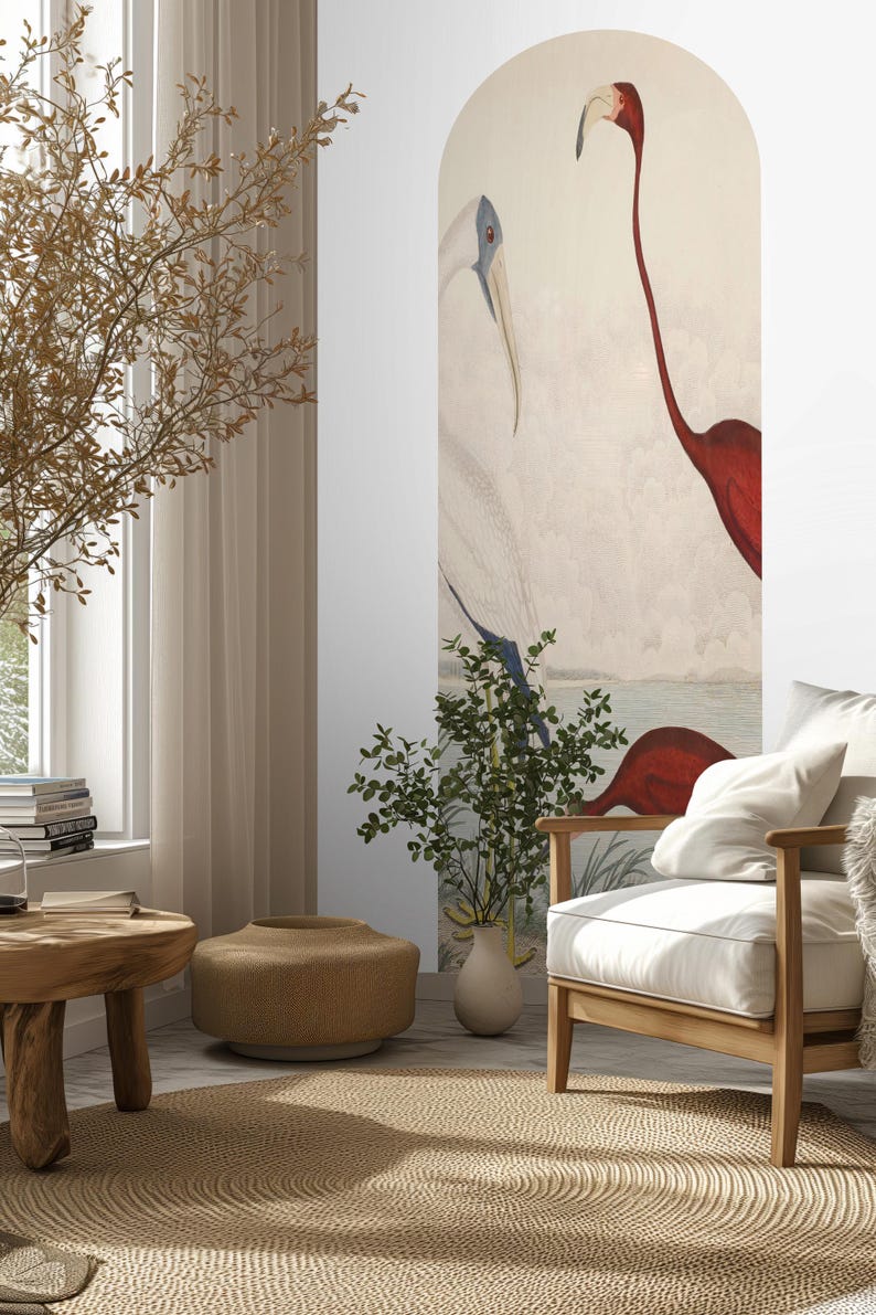 John James Audubon Scarlet Ibis Birds Wall Arch Sticker, Soft Color Tree Scenic Circle Wall Decal, Vintage Animal View Peel and Stick Decal for Classic Home Decor. Perfect for nature-inspired wall art in living rooms, bedrooms, or offices, this elegant decal brings the serene beauty of a rustic forest into your space. Easy to apply and remove, it’s ideal for adding a timeless, countryside charm to any room, creating a cozy and inviting atmosphere with its detailed, vintage-inspired design