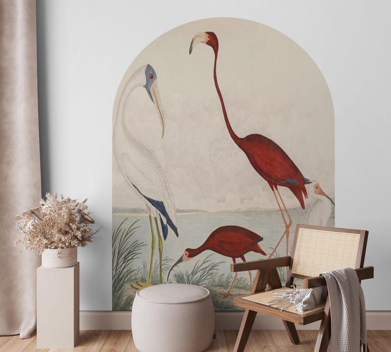 John James Audubon Scarlet Ibis Birds Wall Arch Sticker, Soft Color Tree Scenic Circle Wall Decal, Vintage Animal View Peel and Stick Decal for Classic Home Decor. Perfect for nature-inspired wall art in living rooms, bedrooms, or offices, this elegant decal brings the serene beauty of a rustic forest into your space. Easy to apply and remove, it’s ideal for adding a timeless, countryside charm to any room, creating a cozy and inviting atmosphere with its detailed, vintage-inspired design