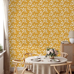 Carta da parati con foglie bianche su sfondo giallo, carta da parati staccabile e attaccabile con giardino tropicale e foglie, carta da parati rimovibile, murale moderno giallo