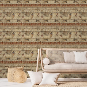 Egyptian Hieroglyphs Wallpaper: Beige Stone Look, Peel and Stick
