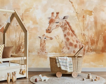 May include: A watercolor illustration of two giraffes, a mother and a baby, standing in a field of tall grass. The background is a soft yellow with brown accents. The giraffes are painted in a light brown color with darker brown spots.