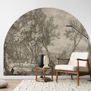 Adesivo da parete con paesaggio rurale e albero, adesivo da parete con arco staccabile e bastone con paesaggio vintage, murale autoadesivo rimovibile per decalcomania con cerchio rustico