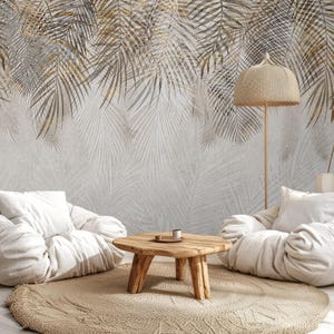 Carta da parati moderna con foglie di palma, murale botanico grigio tropicale sottile, carta da parati autoadesiva staccabile e attaccabile per la camera da letto, carta da parati con foglie neutre