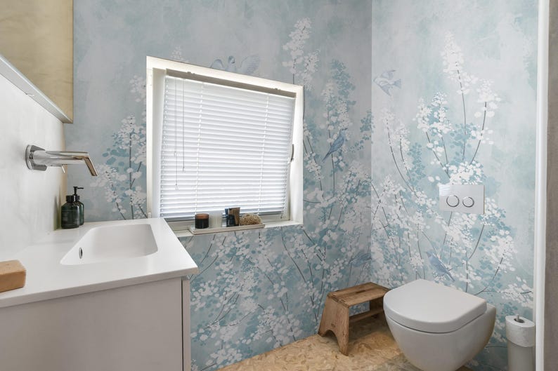 Blue Chinoiserie Wallpaper: Birds and Blossoms, Peel and Stick Mural - Etsy