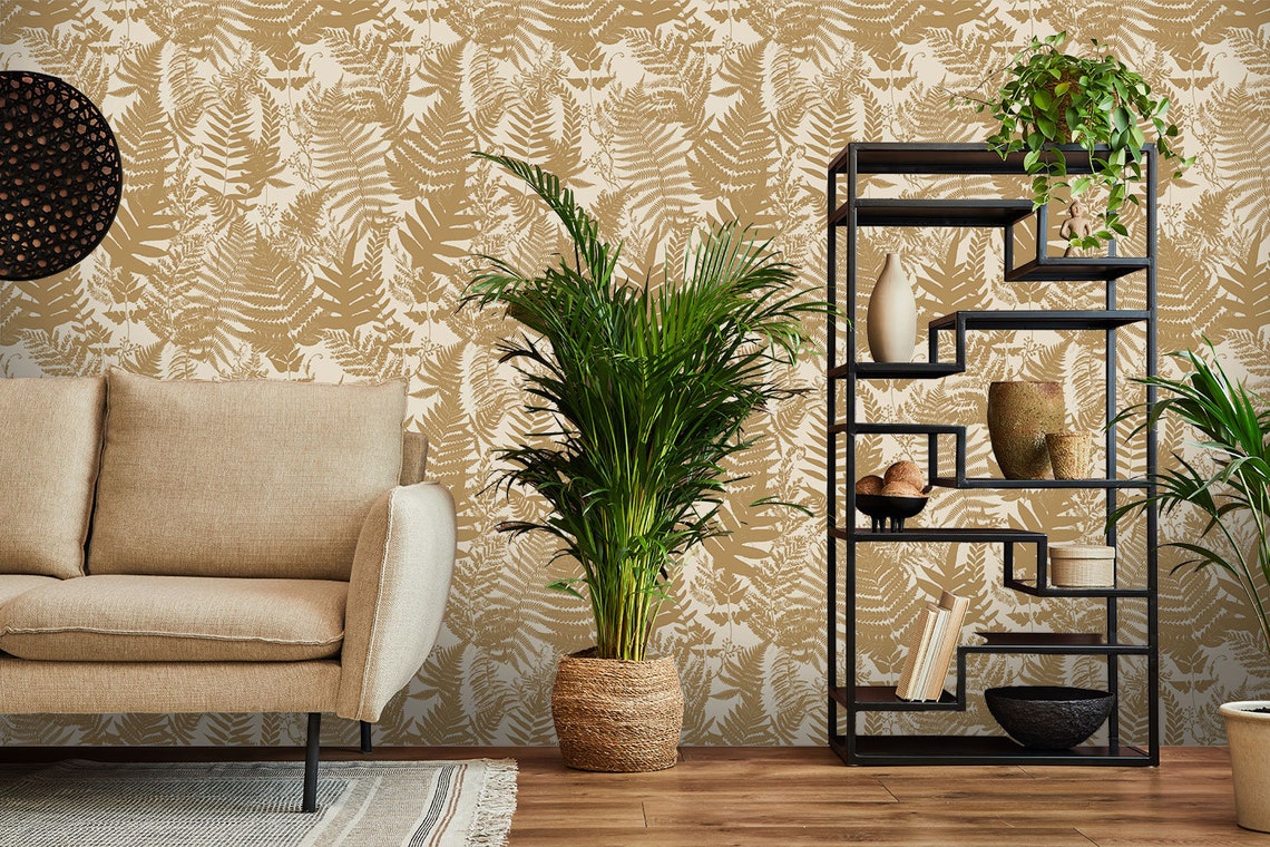 Beige Living Room Wallpaper / Golden Leaves Wallpaper / Yellow Peel and