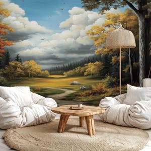 Forest Landscape Wallpaper Mural: Cloudy Autumn Jungle, Peel and Stick